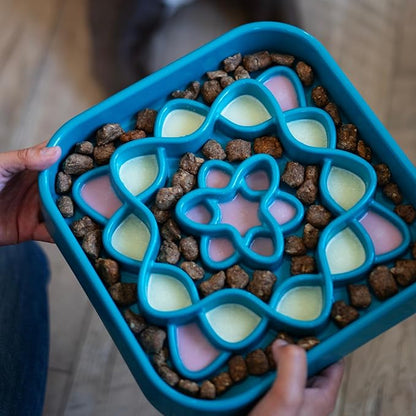 Messy Mutts and Cats Interactive Square Slow Feeder | Blue (2 Cup) | 8” x 8” Square Puzzle Slow Feeder for Dogs/Cats | Enrichment Food Dish for Slow Eating, Bloating