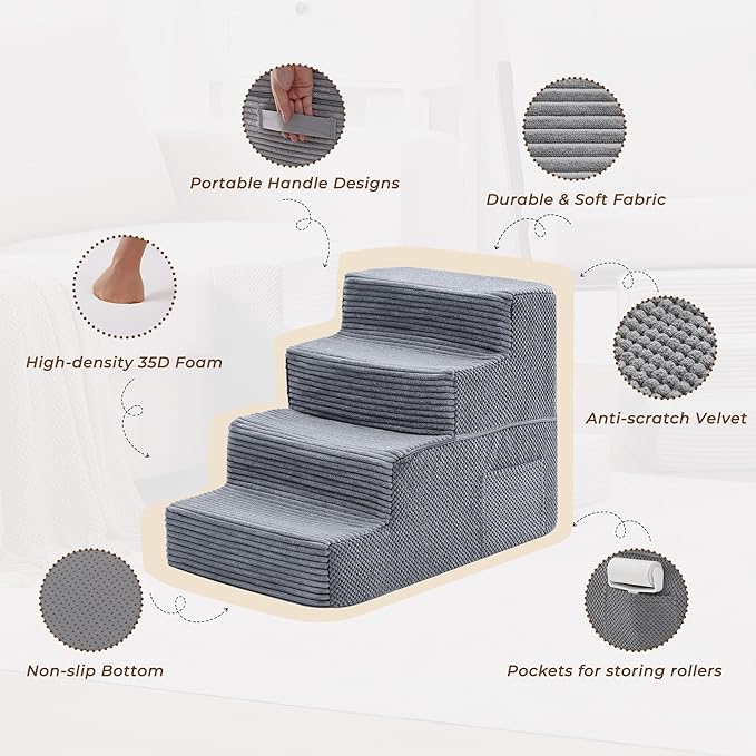 HYLEORY Dog Stairs for Bed 18''H, 4-Step Pet Stairs for Small Dogs & Cats, Sturdy Pet Steps with Non-Slip Bottom, Functional Portable Dog Ramp for Couch/Chair/Sofa/Car, with Storage Pocket, Grey