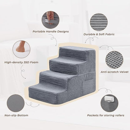 HYLEORY Dog Stairs for Bed 18''H, 4-Step Pet Stairs for Small Dogs & Cats, Sturdy Pet Steps with Non-Slip Bottom, Functional Portable Dog Ramp for Couch/Chair/Sofa/Car, with Storage Pocket, Grey