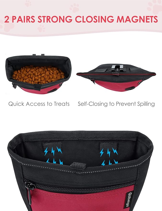 Gobeigo Dog Treat Pouch and Training Clicker, Upgrade Two Magnetic Closure to Prevent Spills, 2 Cup Treat Bag with Poop Bag Dispenser, Metal Clip Waist Belt Fanny Pack for Pet Walk (Black/Red)