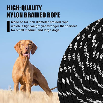 lynxking Long Dog Leash Reflective 15ft 30ft 50ft Check Cord Training Lead Padded Handle Heavy Duty Rope for Puppy Small Medium Large Dogs (Black, 50ft x 3/8inch)