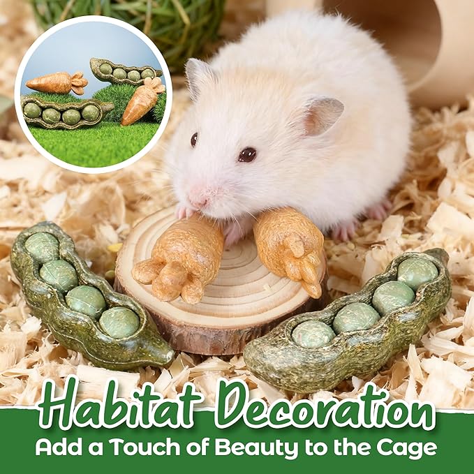 TEEWY 4PCS Guinea Pig Toys, Prevent Teeth Overgrowth, Natural Vegetables and Timothy Grass, Hamster Chew Toys, Chinchilla Toy, Peapod and Carrot Chew Toy Set