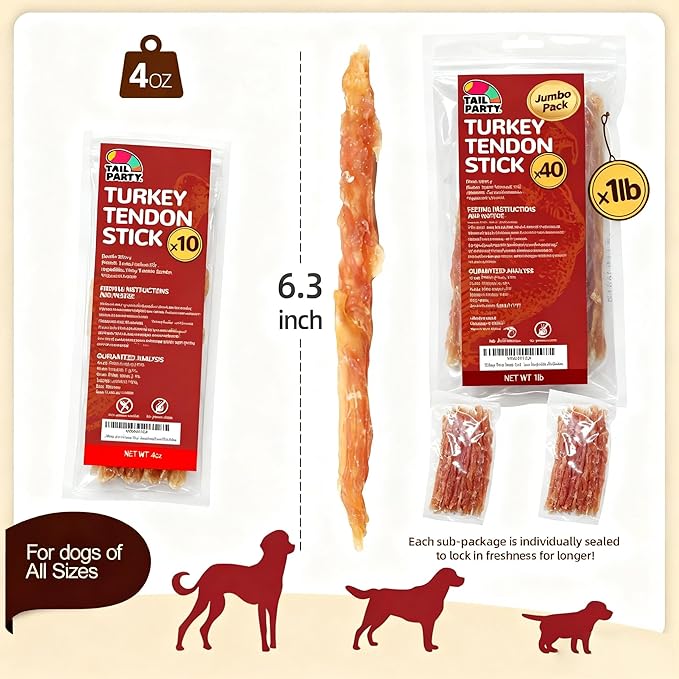 TailParty Turkey Tendons for Dogs, 1 lb, All-Natural Dental Chew Sticks, Rawhide Alternative, Long-Lasting Training-Reward Treats for Health-Conscious Pet Owners, Jumbo Pack (40 Strips/Pack)