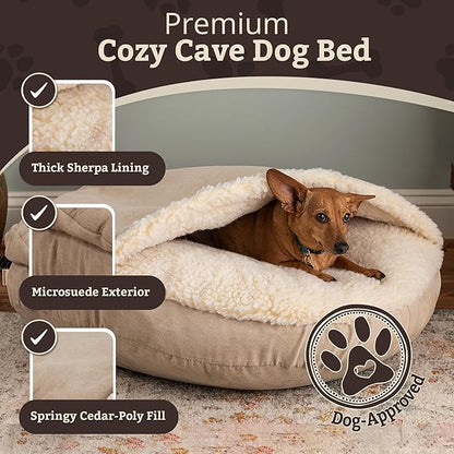 Snoozer Luxury Cozy Cave Dog Bed - Indoor Dog Bed with Cover Cave, Covered Calming Burrow for Small & Medium Sized Pets with Blanket Attached, Enclosed, Washable - Large, Buckskin