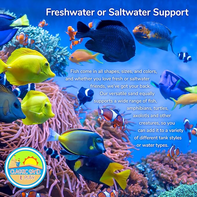 CLASSIC SAND & PLAY Natural Aquarium Sand for Freshwater and Saltwater Tanks, 20 lb. Bag, Improves Filter Life and Filtration Process, Pre-Washed Fine Sand, Black