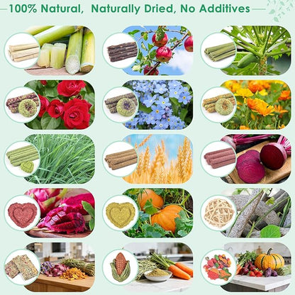 ERKOON 106PCS Bunny Chew Toys for Rabbits Teeth, Natural Rabbit Toys Apple Wood Sticks, Carrot, Timothy Grass Treats for Small Pets, Hamster, Chinchilla, Guinea Pig Dental Care and Treat Teething Toys