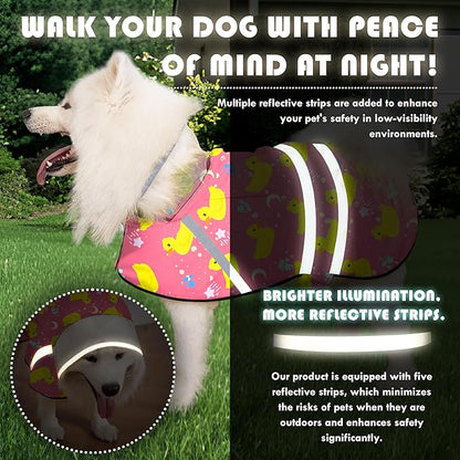 Dog Raincoat, Adjustable Rain Jacket with Hooded Double Layer for Large Medium Small Dogs Puppies, Lightweight Waterproof Rain Coat Poncho with Reflective Stripe Duck Pink,S