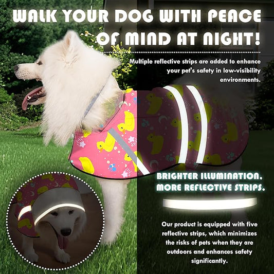 Dog Raincoat, Adjustable Rain Jacket with Hooded Double Layer for Large Medium Small Dogs Puppies, Lightweight Waterproof Rain Coat Poncho with Reflective Stripe Duck Pink,S