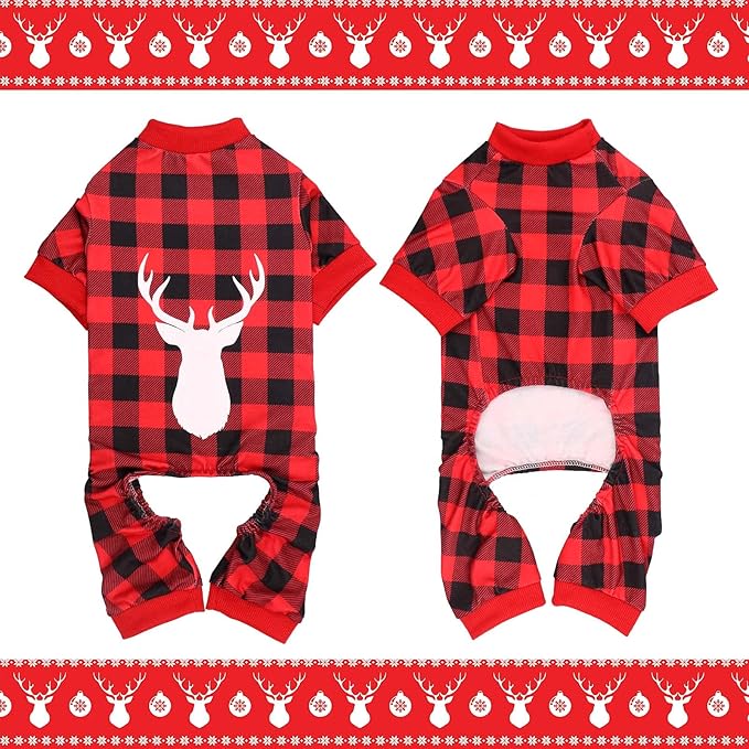 Dog Christmas Pajamas Buffalo Plaid with Reindeer Print Pet Onesie Pet Pjs Super Soft and Stretchy Dog Pajamas Medium Size Dogs(M)