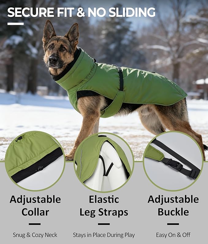 Puffer Dog Winter Coat for Rain and Snow, Water-Repellent and Windproof Jacket Keeps Dogs Warm and Dry, High Collar and Harness Opening Design, Ideal Dog Stocking Stuffer (Green, Small)