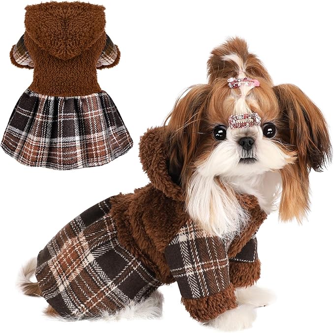 Dog Dress, Cute Warm Fleece Hooded Sweater for Small Dogs Girl, Plaid Puppy Dresses Clothes Chihuahua Yorkie Cat Apparel （Brown,S