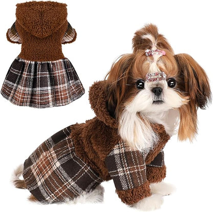 Dog Dress, Cute Warm Fleece Hooded Sweater for Small Dogs Girl, Plaid Puppy Dresses Clothes Chihuahua Yorkie Cat Apparel （Brown,S