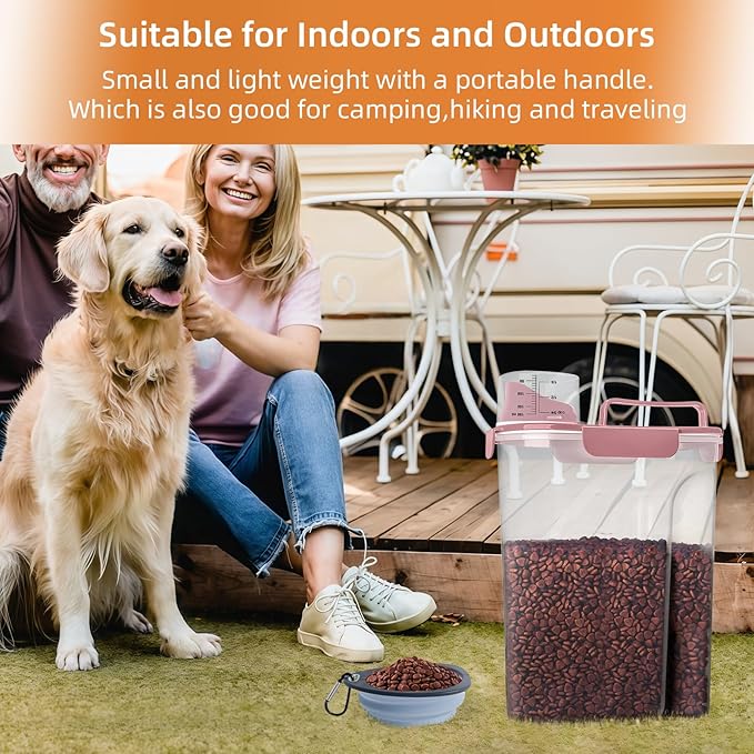 LEAWALK 5-7Lbs Cat Dog Storage Container, Portable Pet Food Containers with Upgraded Large Spout and Cup, Small Animal Kibble Dispenser for Bird Seed, Oatmeal, Rice, Flour (2, Pink, 5L)