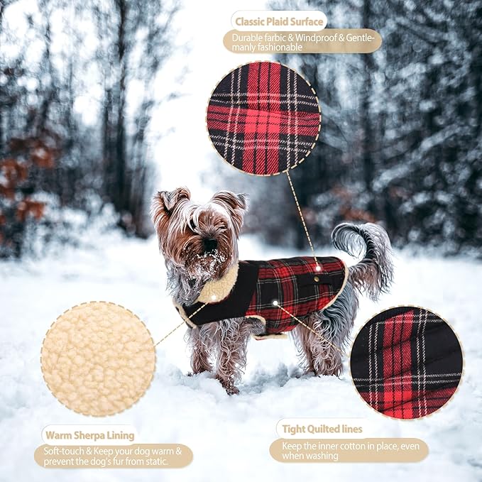 Winter Coat for Small and Medium Dogs, Puppy Plaid Jacket, Cotton Coat for Cold Weather, Windproof Warm Dog Garments, Pet Thickened Outfits Indoor Outdoor, Red S