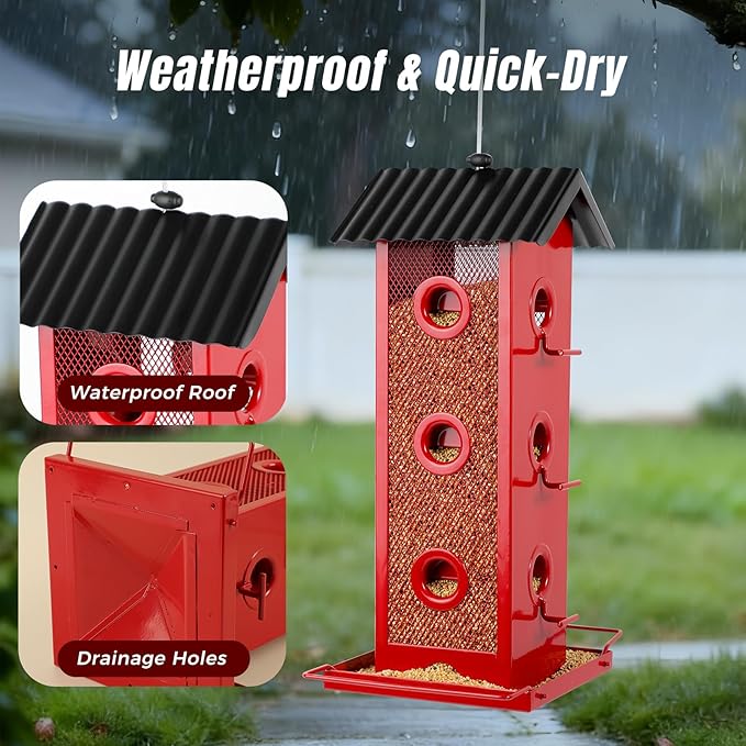 Shineforu All Metal Bird Feeder for Outdoors Hanging | 14-Port Multi-Bird Viewing | Rust-Proof, Waterproof & Easy-Clean | Attracts Cardinals, Finches, Chickadees & More (Elegant Red & Black)