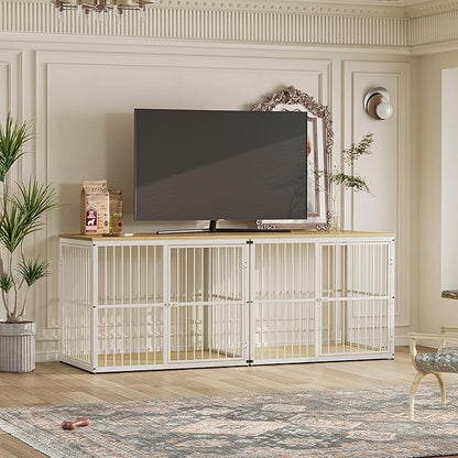 Lyromix 43'' Dog Crate Furniture with 3 Doors, XL Wooden Crate End Table, Heavy Duty Indoor Puppy Cage Kennel for Medium to Large Dogs, Multiple Units Can be Combined, Natural Beech