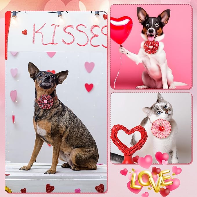 50 Pcs Valentine's Day Collar Bows Bulk for Dogs Red Pink Heart Love Ties Flowers Bowtie Charms Attachment for Small Medium Large Pet Cats Accessories Holiday Party Costumes Outfit