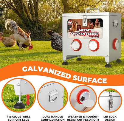 Sidasu 40 lbs 6 Port Galvanized Chicken Feeder with Adjustable Height,Locking Lid&Riveted Handles,Large Capacity Rainproof Automatic Chicken Feeders Silver