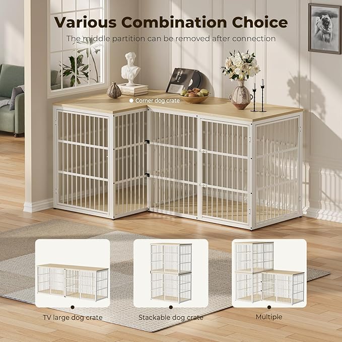 Lyromix 48'' XXL Dog Crate Furniture with 3 Doors,Wooden Crate End Table Heavy Duty Indoor Combination Cage for Medium to Large Dogs, Multiple Units Can be Combined, Natural Beech