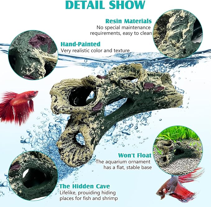 Tfwadmx Decaying Trunk Aquarium Ornament, Betta Fish Hideout Caves - Small Resin Aquarium Decoration Log with Holes for 20 Gallon Fish Tank
