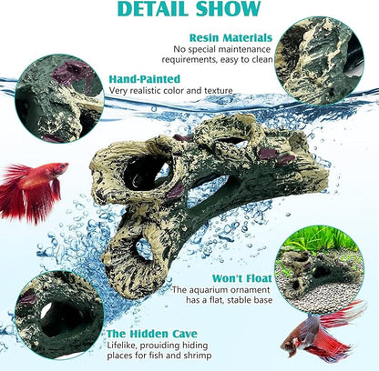 Tfwadmx Decaying Trunk Aquarium Ornament, Betta Fish Hideout Caves - Small Resin Aquarium Decoration Log with Holes for 20 Gallon Fish Tank