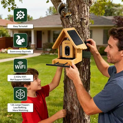 DETIKO Bamboo Bird Feeder with Camera, 2K HD, Built-in Solar Powered, 2.4GHz Wi-Fi, Night Vision, Motion Alerts, Live View, Local Storage, AI Bird ID for 2,800+ Species, Family Sharing