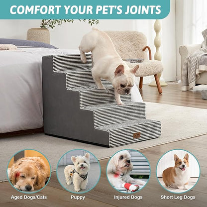 Dog Stairs for Small Dogs, 5 Tier Wider Pet Stairs for High Beds, 23.6" H Non-Slip Dog Steps for Old Cats, Puppies, Small Medium Dogs, 19.7x29.5x23.6 inch, White Black