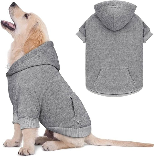 Solid Soft Brushed Fleece Dog Sweater & Hoodie with Pocket (Grey-S)