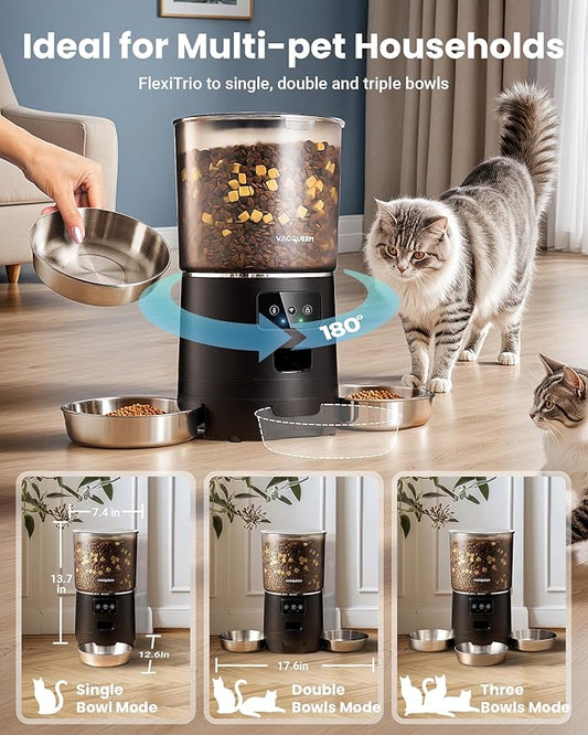 Vacqueen Automatic Cat Feeder for 3 Cats, 6L/25 Cups Smart WiFi Pet Feeder, Strong Anti-Jam System, Dual-Effect Desiccant Cat Food Dispenser, with 10S Voice Recorder for Cats and Small Dog(Black)