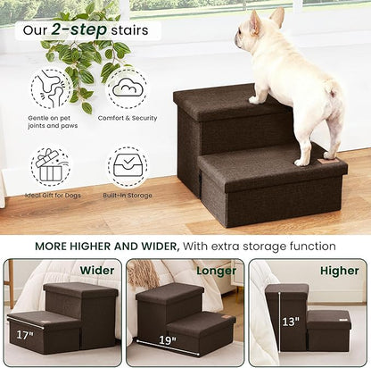Love's cabin Dog Stairs with Storage 13" H,Foldable Pet Stairs for Small Medium or Large Dogs,Cat Puppy Steps Ramp with Zip up to 150 lbs(Coffee,2 Steps no Condo)