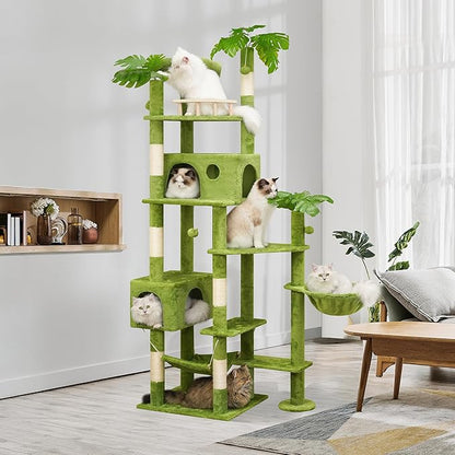 77in Large Cat Tower for Heavy Duty Big Cats, Tall Cat Tree with Leaves - Scratching Post, Two Cat Condos, Soft Hammocks, Padded Perches & Dangling Balls, Green