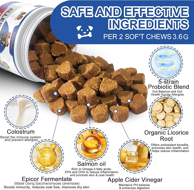 Dog Allergy Chews 200PCS Allergy and Immune Chews for Dogs Anti Itch Immune Treats Skin & Coat Supplement with Probiotics Itchy Skin Relief Treatment Pills for Skin Itchy Licking Seasonal Allergies