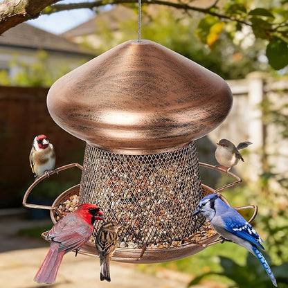 IWNTWY Bird Feeder, Heavy Duty Metal Bird Feeders for Outdoor Hanging, Cute Mushroom Shape 3.5 LB Large Capacity Wild Birdfeeder for Outside Garden Yard (Brown)