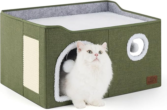 Bedsure Large Cat Beds for Indoor Cats - Extra Wide Cat Cube House for Small Pet with Fluffy Ball Hanging and Scratch Pad, Foldable Pet Cave Hideaway for Multiple Cats, 23.6x16.9x13 inches