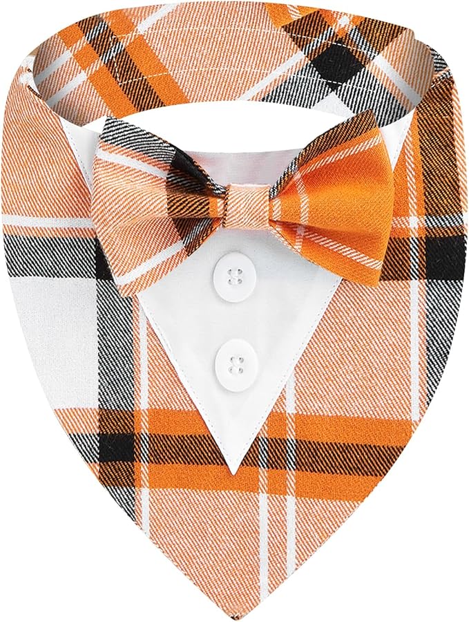 Fall Dog Tuxedo Bandana, Orange Plaid Pet Collar with Bowtie, Adjustable Halloween Thanksgiving Dog Tux Costume for Small to Extra Large Pets
