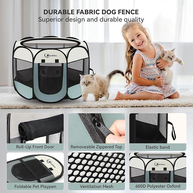 Dog Cat Playpen, Puppy Pet Playpen Indoor for Small Dog Crate Tent Cage Outdoor, Portable Pop Up Dogs Enclosure Kennel with Carrying Case for Dogs/Cats/Rabbits, (Grey, Small