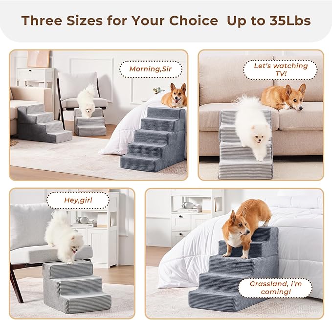 HYLEORY Dog Stairs for Bed 22.5''H, 5-Step Pet Stairs for Small Dogs & Cats, Sturdy Pet Steps with Non-Slip Bottom, Functional Portable Dog Ramp for Couch/Chair/Sofa/Car, Storage Pocket, Light Grey