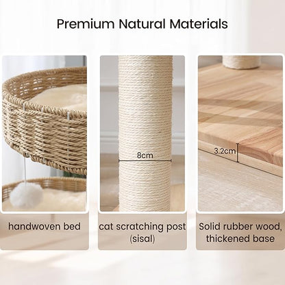 Solid Wood Cat Tree for Large Cats, 48-Inch Modern Cat Tower with Hand-Woven Baskets, Multi-Level Cat Condo with Sisal Scratching Posts, Sturdy Indoor Cat Furniture for Big Cats up to 20lbs