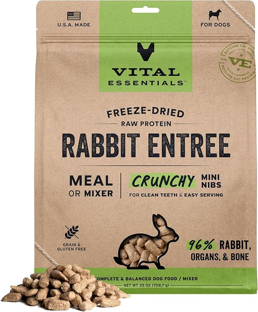 Vital Essentials Freeze-Dried Raw Rabbit Crunchy Mini Nibs | Complete Meal or Mixer Dog Food | 25 oz
