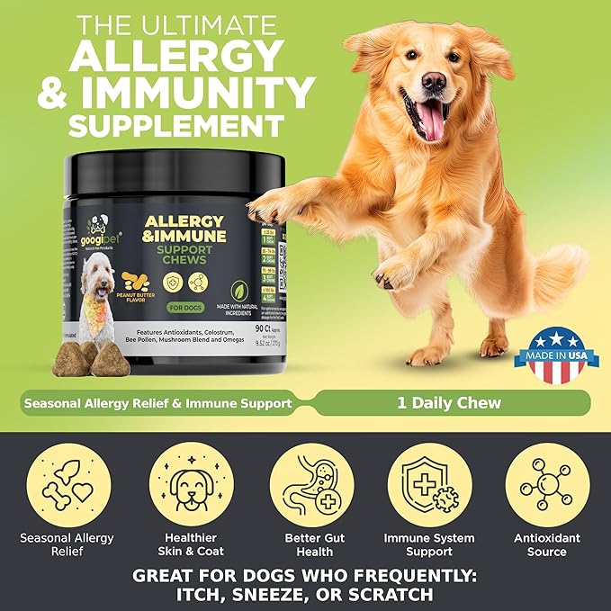 Googipet Dog Allergy Chews, Seasonal Dog Allergy Relief & Itchy Skin Relief, Skin & Coat Supplement +Bee Pollen, Colostrum, Coconut Oil, Probiotics, & Omega 3 Fish Oil for Dogs (Peanut Butter Flavor)
