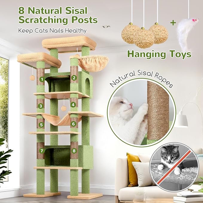 Globlazer XXL Cactus Giant Cat Tree, 83 Inch Heavy Duty Cactus Tall Cat Tower for Indoor Cats Large Adult, Multi-Level Large Cat Condo with 8 Scratching Posts, Hammock, 2 Platform, F83B, Green