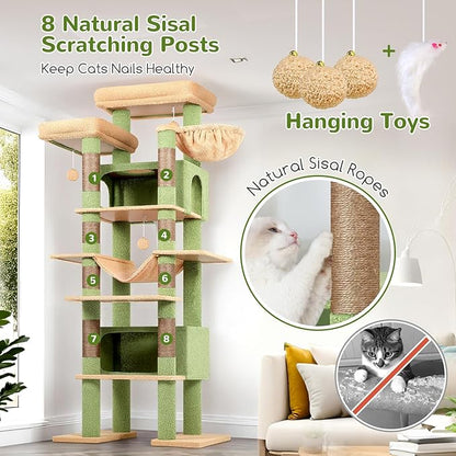 Globlazer XXL Cactus Giant Cat Tree, 83 Inch Heavy Duty Cactus Tall Cat Tower for Indoor Cats Large Adult, Multi-Level Large Cat Condo with 8 Scratching Posts, Hammock, 2 Platform, F83B, Green