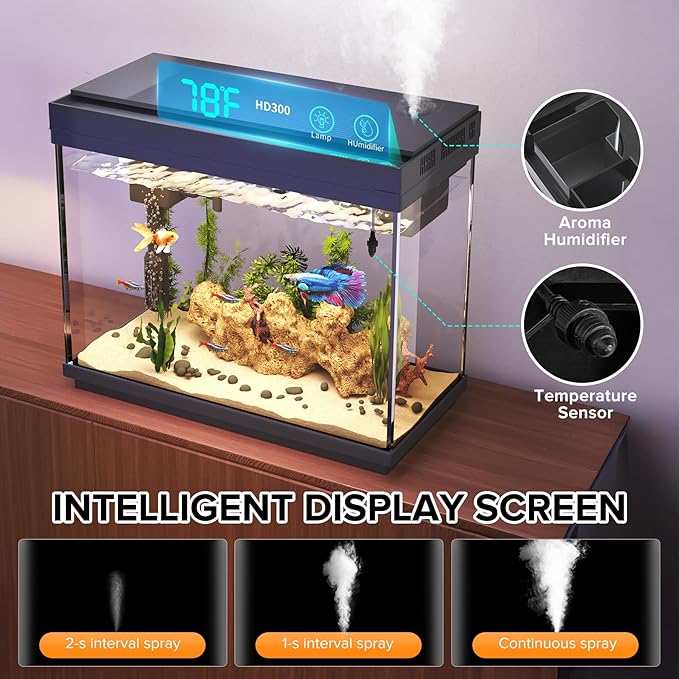 Vehipa Fish Tank, 2.4 Gallon Fish Aquarium, Fish Tank Starter kit with Smart Humidifier, Temperature Display, 7-Color Lighting, 3 in 1 Quiet Pump with Filteration & Oxygenation & Circulation