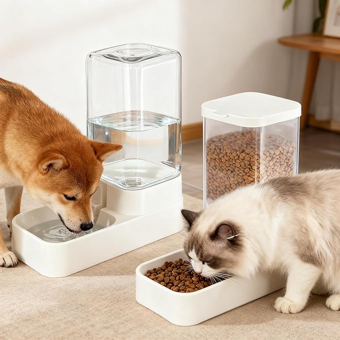 2 PCS Automatic Cat Feeder，Dog Water and Food Bowl Dispenser,cat Food and Water Dispenser,3.8L Gravity Storage and 2.1KG Grain Storage Combination Pet Feeder,Cat Water Fountain.