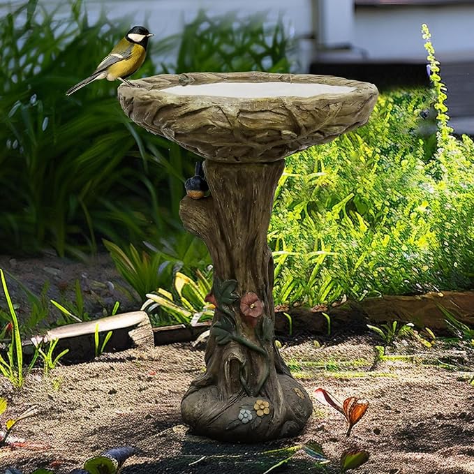 25.5" H Concrete Tree Shape Bird Bath with Decorative Faux Bird – 25.5" H * 17.7" Φ Rustic Design Birdbath, Enhances Garden, Patio, Yard, Lawn Décor