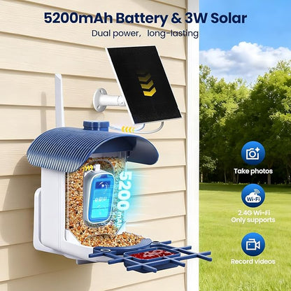 Smart Bird Feeder with Camera Solar Powered : 2K HD Live Video, AI Bi rd Identification ＆ Instant Alerts, 2.4GHz WiFi Solar Camera Bird Feeders for Outdoors - Ideal Gifts for Mom Dad Birdlovers