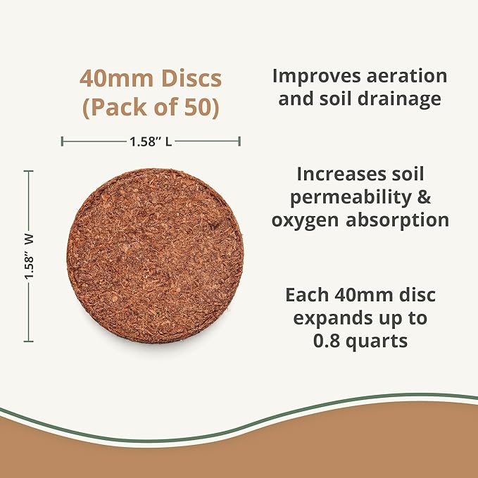 Coco Coir Discs (40mm, 50-Pack) - Organic Coconut Disc for Plants - Seed Starting Discs - Seedling Soil for House Plants, Potting Soil, Indoor Gardens - Organic Coco Coir - Compressed Coconut Pellets