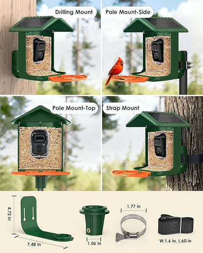 BIRDSFAVE-Bird Feeder with Camera Solar Powered, 2K Clear Live/Video/Photo Auto Arrival Alerts AI Identify Smart Cameras Birds Feeders with 32GB Card DIY Add-ons, 2.4G WiFi Wireless Birdwatching Gift