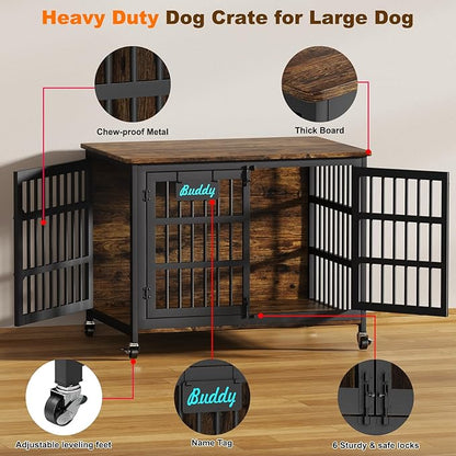EasyCom 42"/41"/33" Dog Crate Furniture with Name Tag, XL Heavy Duty Dog Kennel Indoor for Large and Medium Dogs, Double-Doors Sturdy Dog Cage for Anxiety Dog, Decorate House as TV Stand