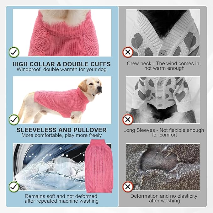 XXS Dog Sweater, Classic Cable Knit Warm Dog Sweatshirt with Reflective Yarn for Girl Boy, Halloween Fall Winter Coat Turtleneck Pullover Clothes Apparel for Small Medium Large Dogs (Pink XXS)